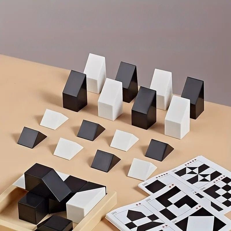 Puzzle Blocs 3D Bois Noir et Blanc avec Cartes Défis — Jeu de Logique Visuelle et Pensée Spatiale pour Enfant 4 - 8 ans - InnovaCuisine