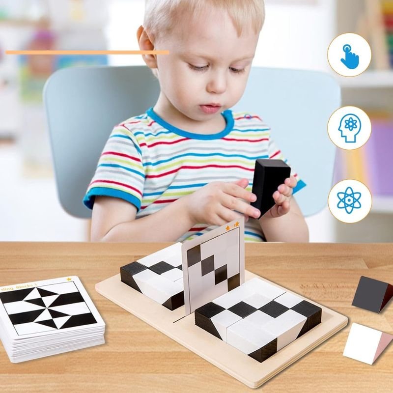 Puzzle Blocs 3D Bois Noir et Blanc avec Cartes Défis — Jeu de Logique Visuelle et Pensée Spatiale pour Enfant 4 - 8 ans - InnovaCuisine