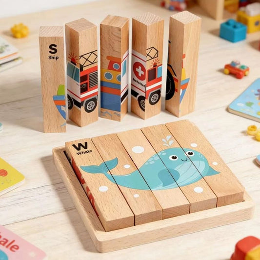 Plateau puzzle bois baleine assemblee 4 blocs debout faces vehicules ship camion ambulance - 4 puzzles en 1 enfant 2-5 ans - Atelier Puzzle