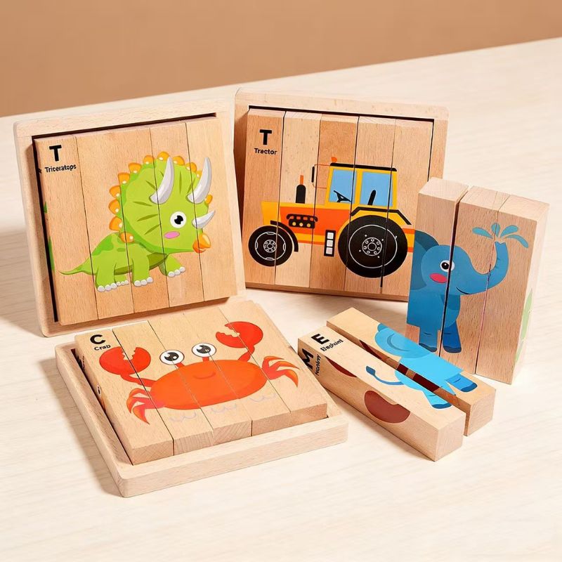 4 puzzles bois triceratops tracteur crabe elephant blocs eparpilles themes varies - richesse contenu jeu educatif enfant 2-5 ans - Atelier Puzzle