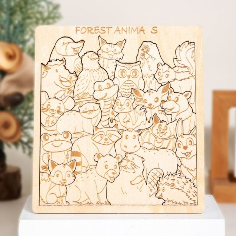 Variante forêt puzzle bois gravé complet renard hibou hérisson écureuil raton laveur - gravure laser bois naturel - Atelier Puzzle