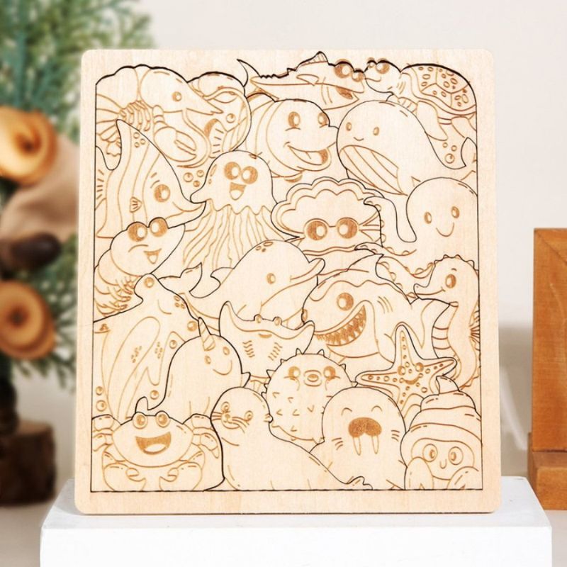 Variante océan puzzle bois gravé baleine pieuvre narval étoile de mer - puzzle logique bois enfant - Atelier Puzzle