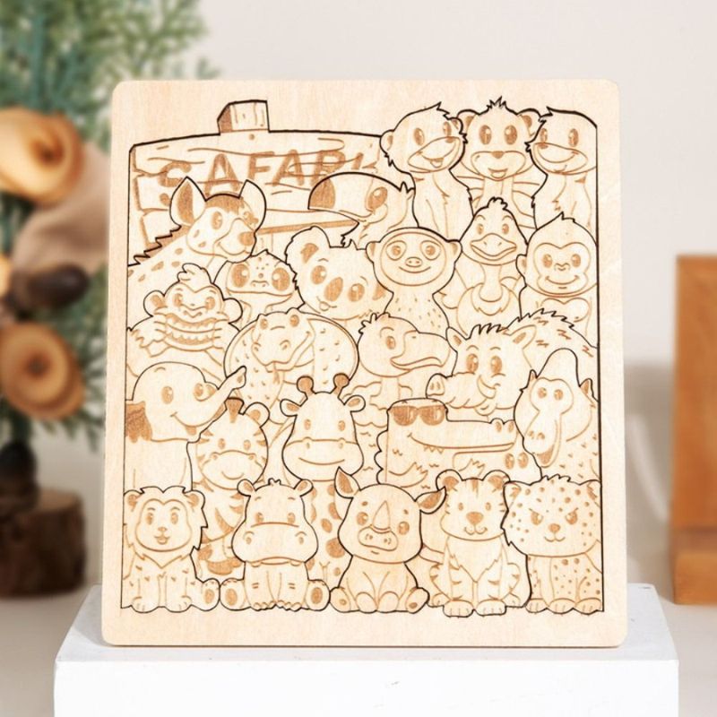Variante safari puzzle bois gravé lion girafe éléphant hippopotame singe - jouet éducatif bois enfant - Atelier Puzzle