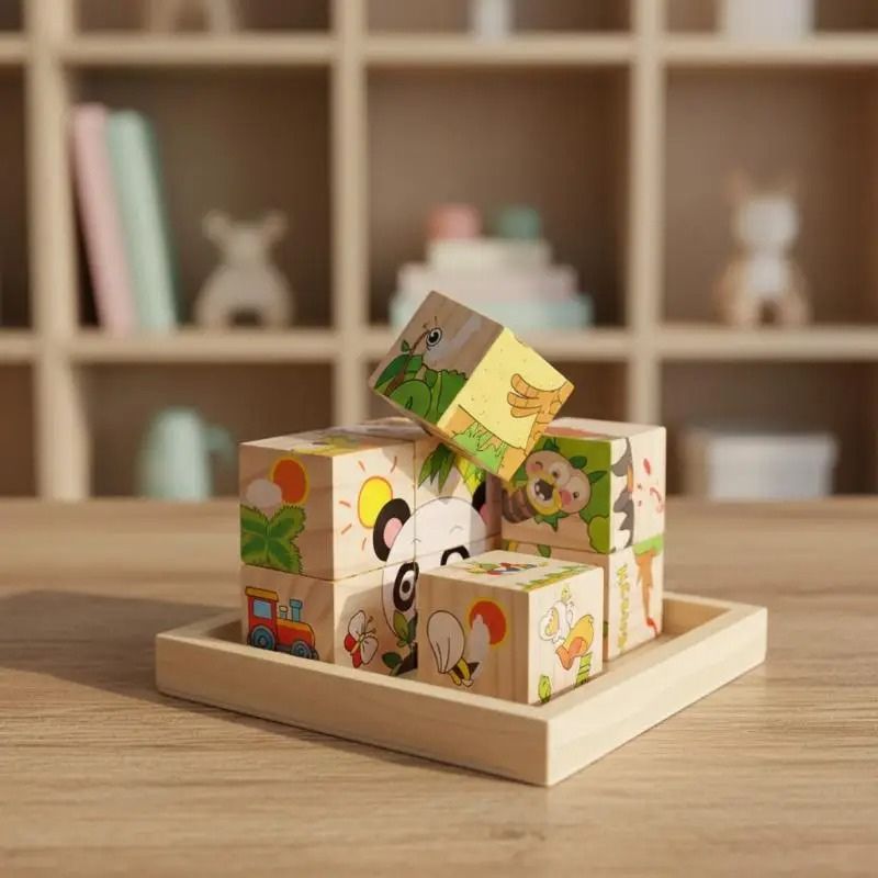 Puzzle cube bois 9 pièces empilés sur plateau rangement naturel animaux colorés - jeu éducatif éveil enfant 2-5 ans - Atelier Puzzle