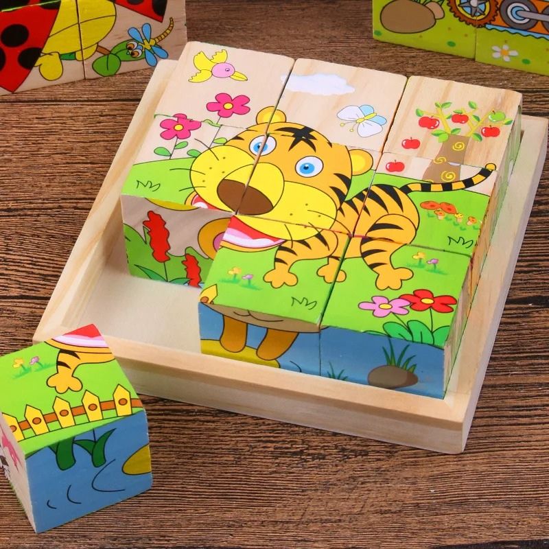 Puzzle cube bois 6 faces face tigre assemblee plateau bois naturel - jeu logique enfant 2-5 ans - Atelier Puzzle
