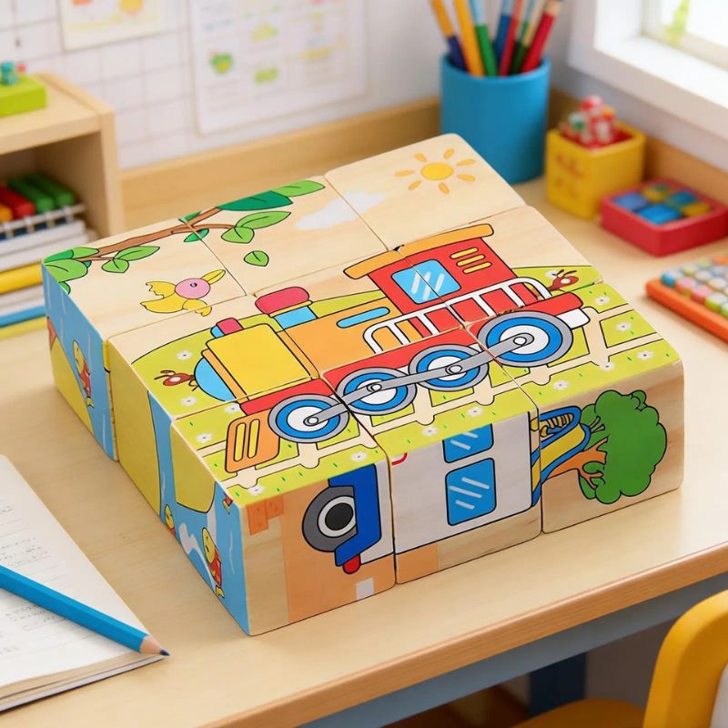 Puzzle cube bois 6 faces face train assemblee bureau enfant colore - jouet educatif eveil 2-5 ans - Atelier Puzzle