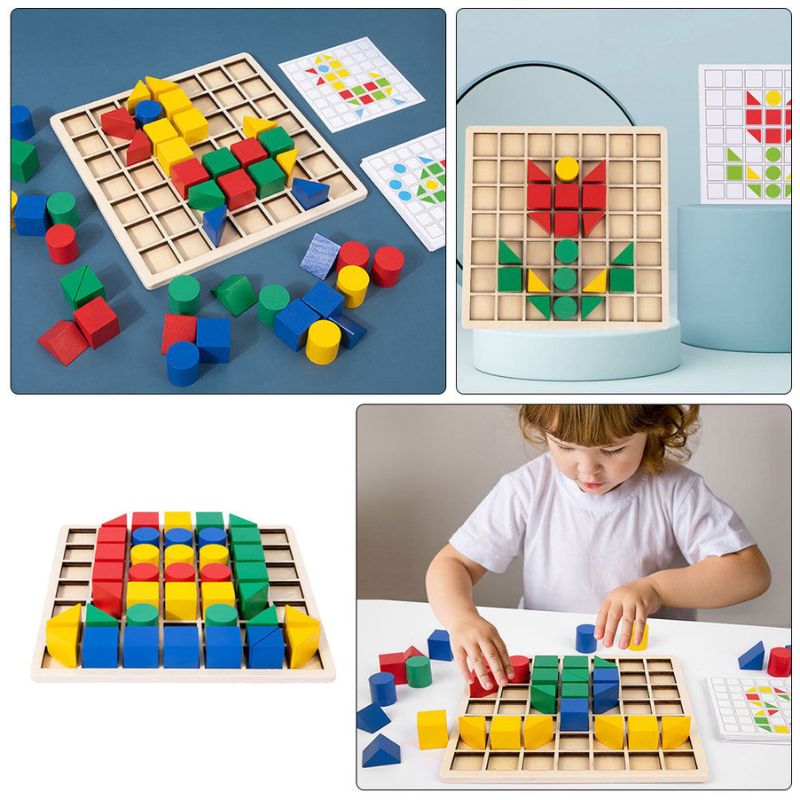 Plateau grille bois formes géométriques colorées motif maison cartes défis reconnaissance formes couleurs - jeu logique éducatif enfant 2-6 ans - Atelier Puzzle