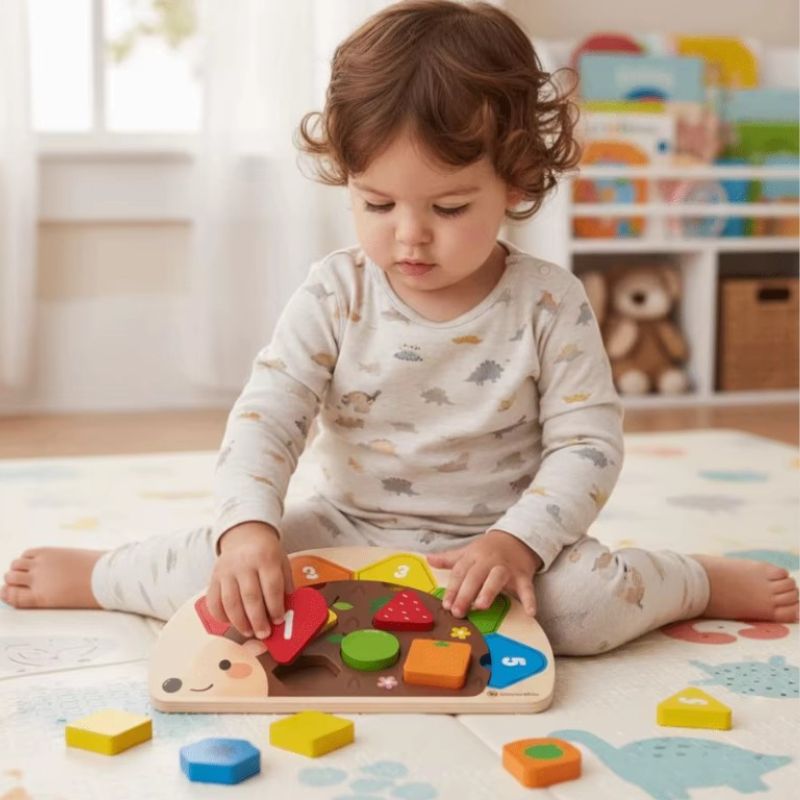 Bebe concentre seul plateau puzzle herisson bois formes geometriques chiffres - autonomie concentration bebe 1-3 ans - Atelier Puzzle