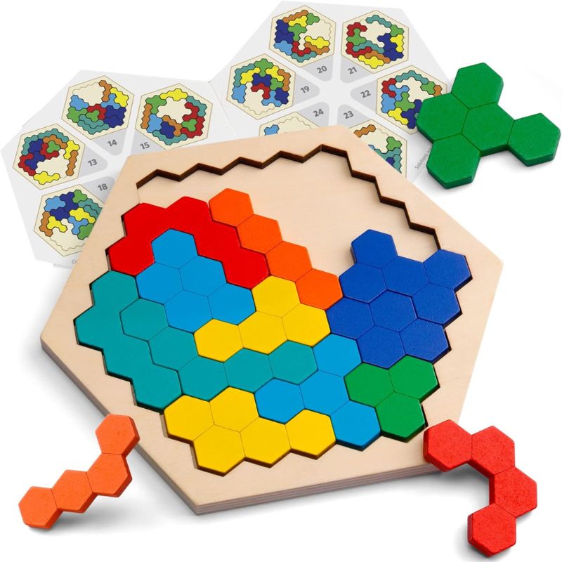 24 cartes défis numérotées du puzzle hexagonal tangram étalées - jeu logique progressif enfant 4-8 ans - Atelier Puzzle