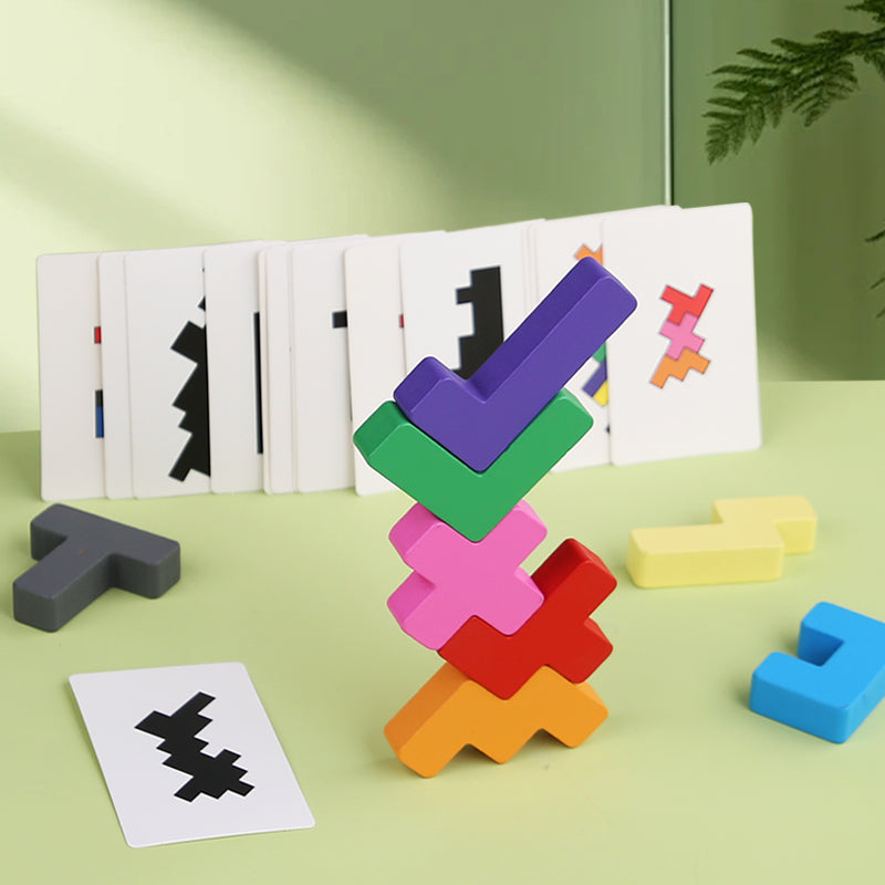 Puzzle Montessori géométrique blocs colorés empilés avec cartes ombres - jeu logique enfant 4-6 ans - Atelier Puzzle