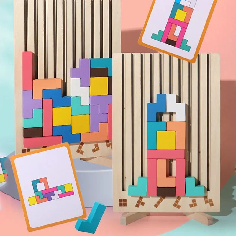 Puzzle Tetris bois cartes défis plateau rainures blocs colorés - jeu logique Montessori enfant 3-6 ans - Atelier Puzzle