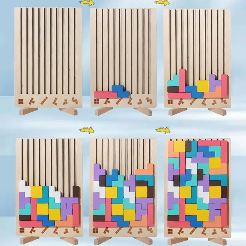 Puzzle Tetris bois progression étapes assemblage blocs colorés chevalet - jouet éducatif enfant - Atelier Puzzle