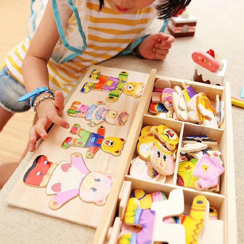 QWZ Little Bear Change Clothes Children's Early Education Wooden Jigsaw Puzzle Dressing Game Baby Puzzle Toys For Children Gift - InnovaCuisine