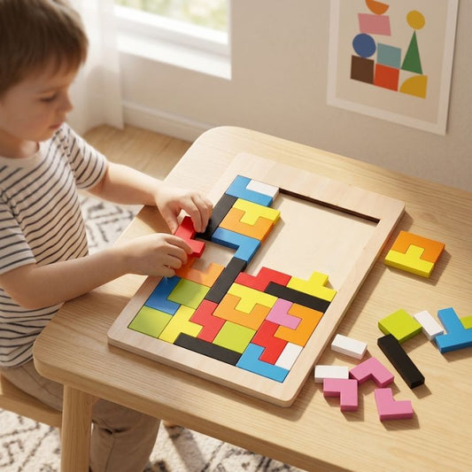 Tout-petit enfant assis à table place pièce rouge puzzle Tetris bois - motricité fine développement enfant 3-4 ans - Atelier Puzzle