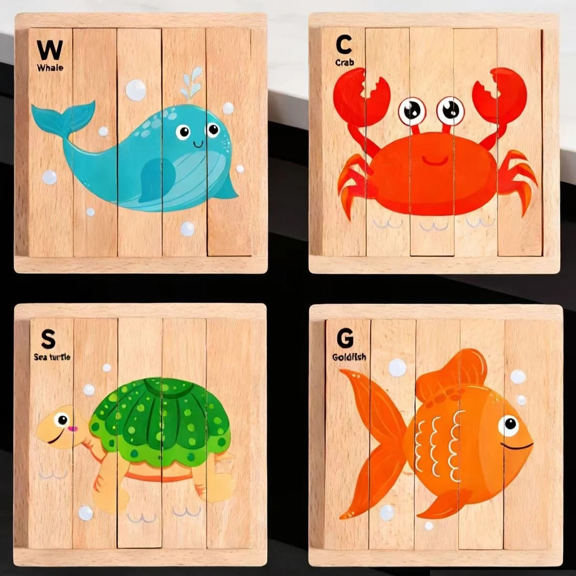 Variante puzzle bois 4 faces animaux marins baleine crabe tortue de mer poisson - jouet educatif enfant 2-5 ans - Atelier Puzzle