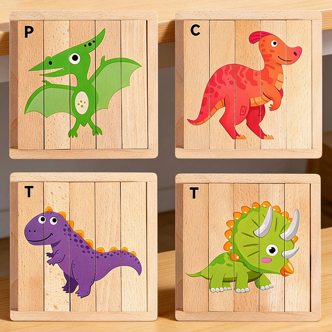 Variante puzzle bois 4 faces dinosaures pterodactyle carnotaure trex triceratops - jouet educatif enfant 2-5 ans - Atelier Puzzle