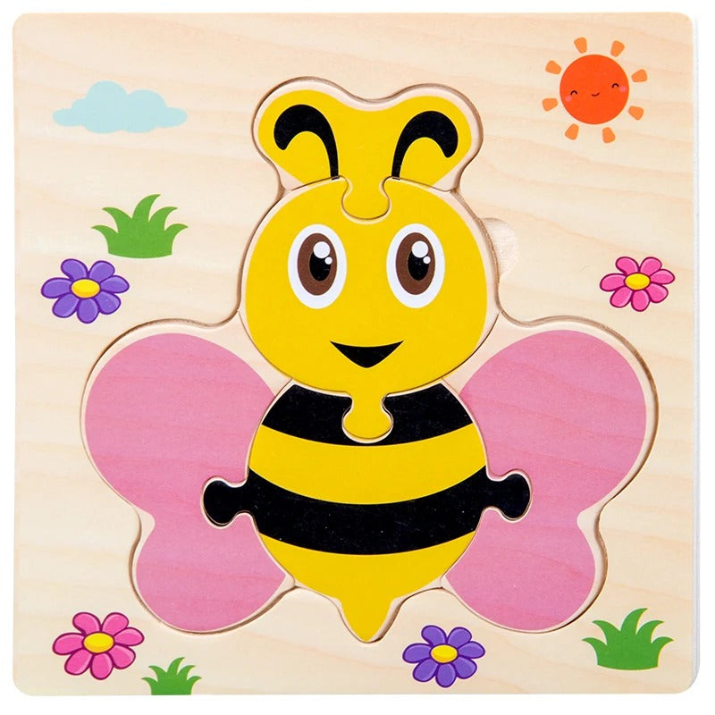 Puzzle bois encastrement abeille jaune rose fleurs - premier puzzle éducatif enfant 2-4 ans - Atelier Puzzle