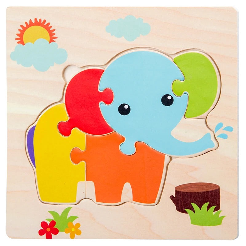 Puzzle bois encastrement éléphant bleu orange coloré - premier puzzle éducatif enfant 2-4 ans - Atelier Puzzle