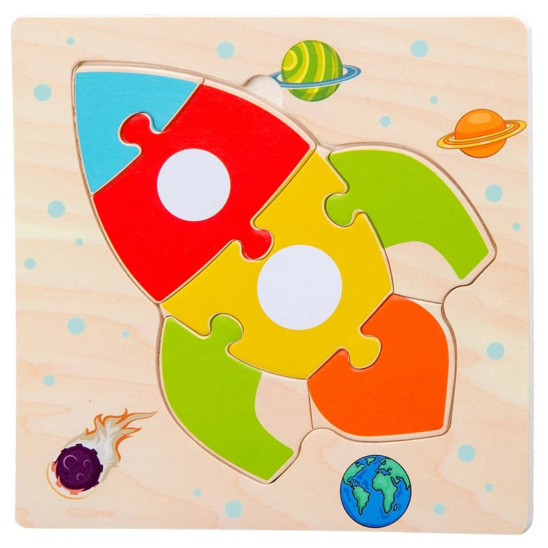 Puzzle bois encastrement fusée spatiale planètes colorée - premier puzzle éducatif enfant 2-4 ans - Atelier Puzzle