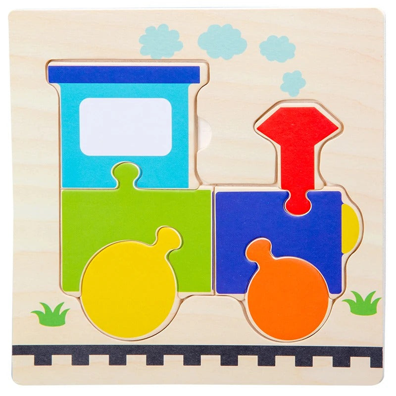 Puzzle bois encastrement train bleu vert rails - premier puzzle éducatif enfant 2-4 ans - Atelier Puzzle