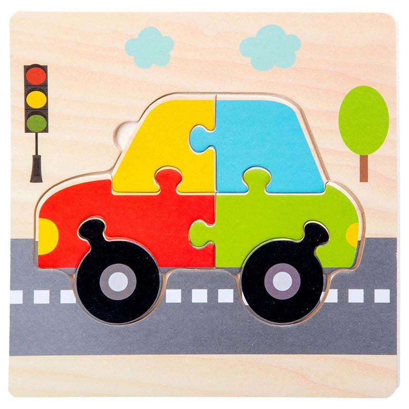Puzzle bois encastrement voiture colorée route feux rouge - premier puzzle éducatif enfant 2-4 ans - Atelier Puzzle